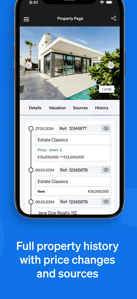 Aplicación Casafari AI que muestra el historial de la propiedad con cambios de precio y fuentes de listado