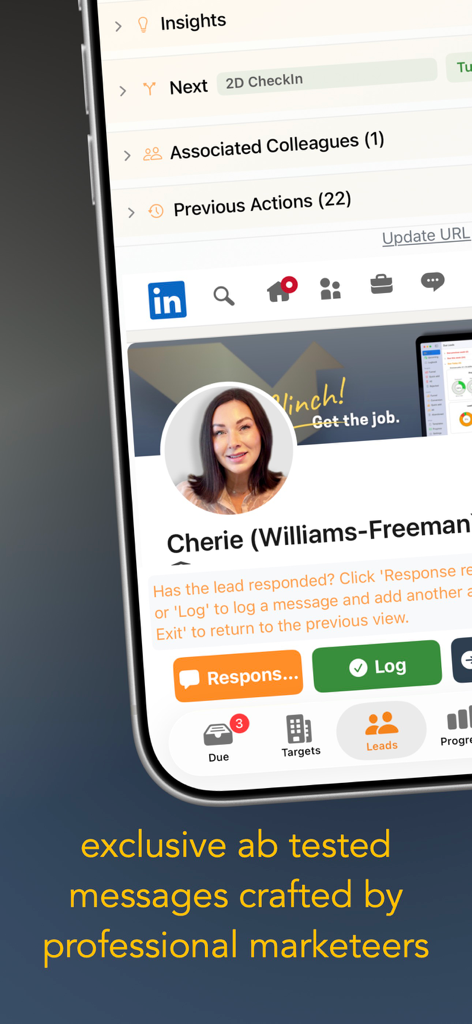 Clinch! - Clinch app interface displaying a job lead profile with LinkedIn integration and response tracking options