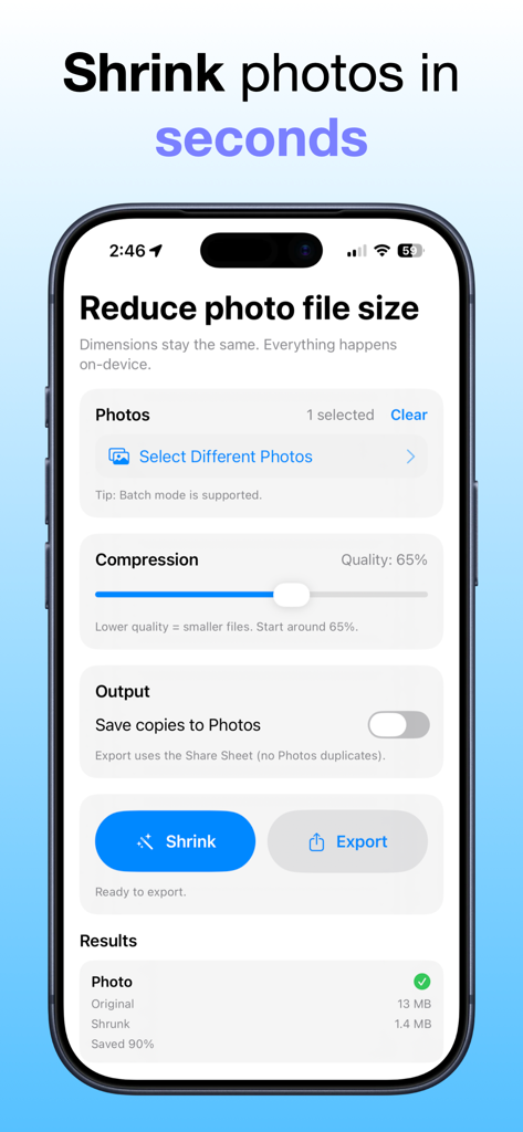 Interface of the Shrink Photo Size app on iPhone showing photo compression settings and a result with 90 percent file size reduction