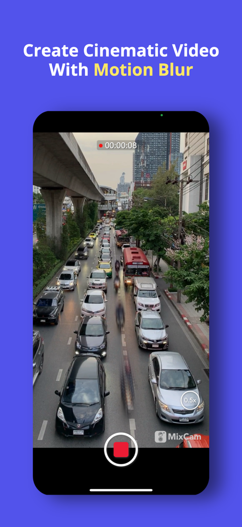 MixCam: Front and Back Camera - MixCam app interface showing a cinematic video recording of city traffic with a motion blur effect
