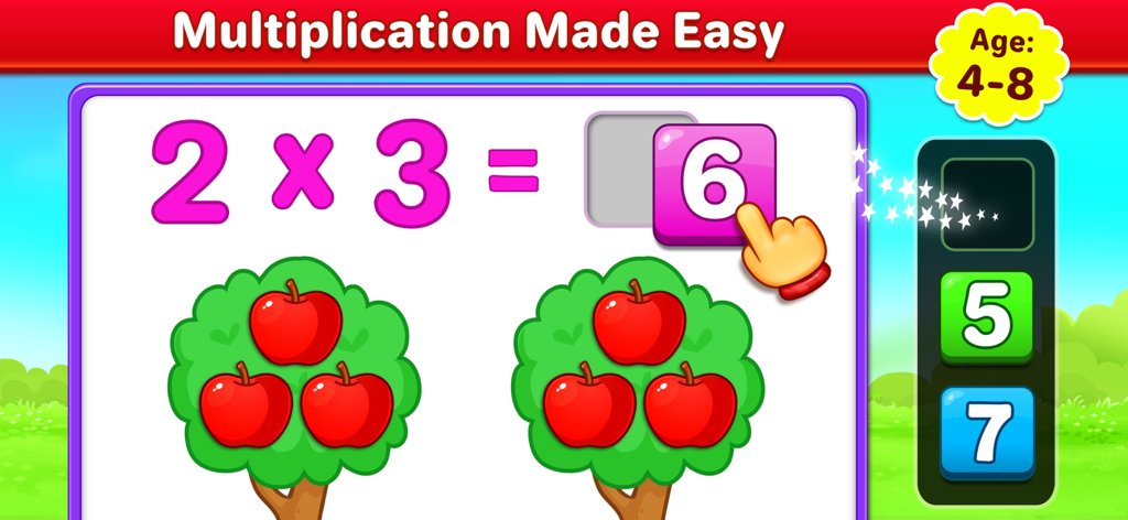 Multiplication Math For Kids - Gioco educativo di moltiplicazione per bambini che mostra matematica visiva con mele sugli alberi