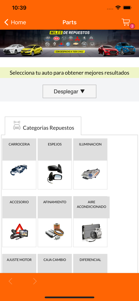 BuscaLibre - Interface of BuscaLibre app showing various car spare parts categories including bodywork, mirrors, and lighting