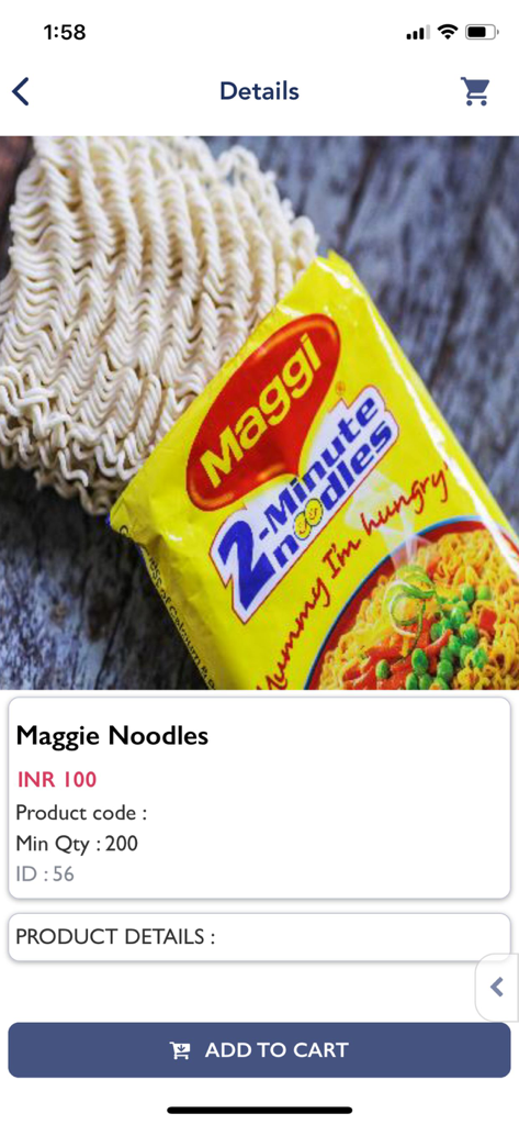 Storimart Salesman Ordering - Product details page for Maggie Noodles in the Storimart Salesman Ordering app showing price and minimum order quantity