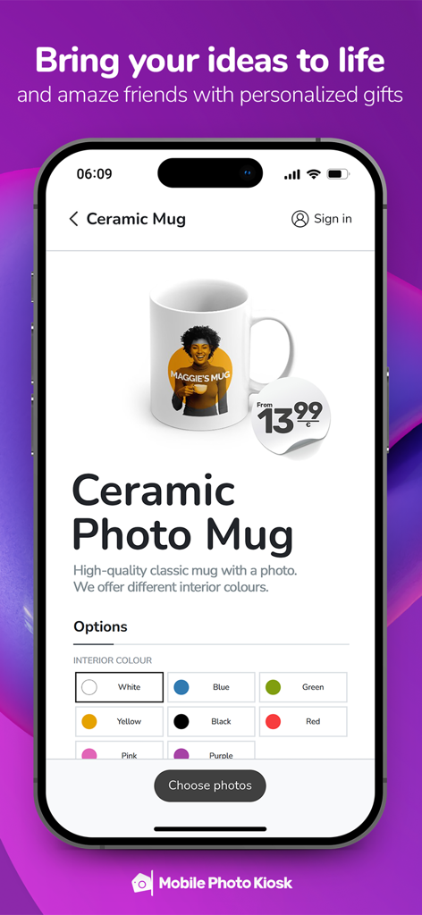 Mobile Photo Kiosk app screen showing customization options for a personalized ceramic photo mug with interior color selection