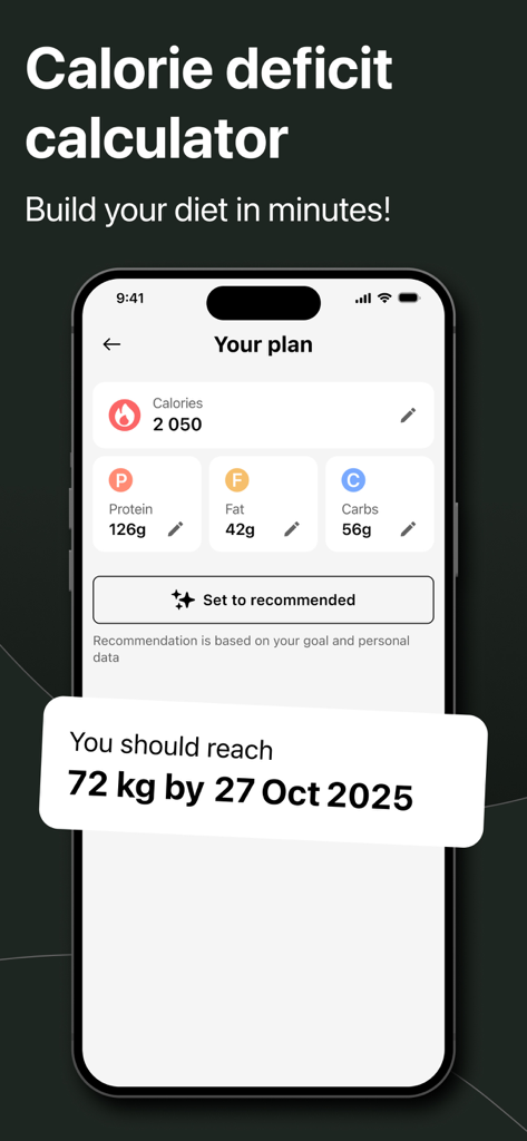 CalZen AI Food Calorie Counter - Smartphone-Bildschirm, der einen personalisierten Ernährungsplan mit Kalorien- und Makronährstoffzielen sowie einem Zieldatum für das Gewicht anzeigt