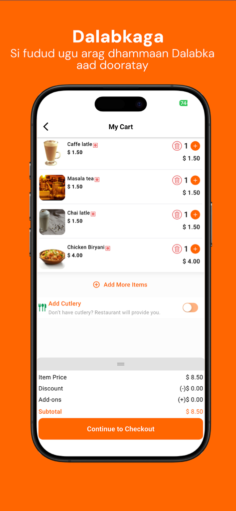 The shopping cart screen of the Caawiye app displaying a list of food and beverages with a subtotal and checkout button