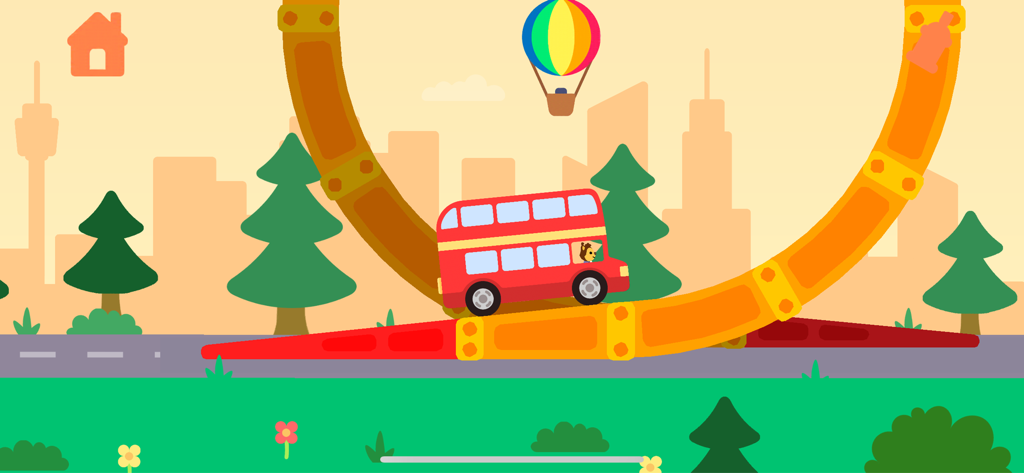 A red double-decker bus driving on a yellow loop track in a colorful car game for toddlers