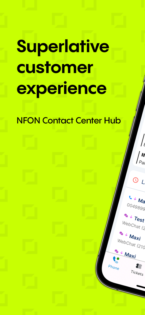 NFON Contact Center Hub - NFON 컨택 센터 허브 모바일 앱 인터페이스로 통화 및 웹 채팅을 포함한 고객 상호 작용 목록 표시