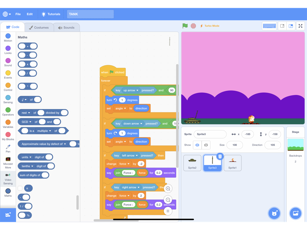 ScratchUP - Interface of ScratchUP showing block based coding for a tank game on iPad