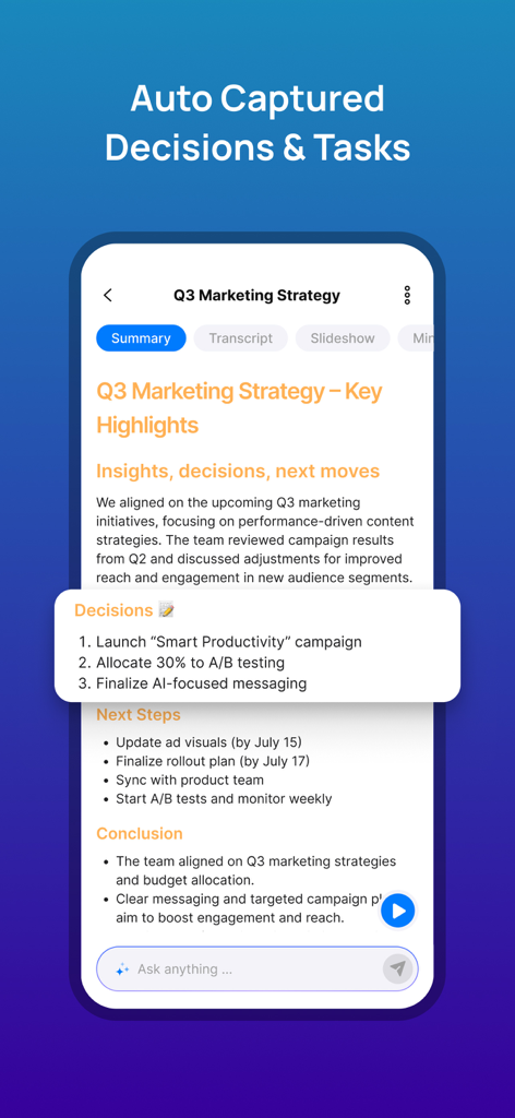 NoteX app displaying auto-captured meeting decisions and next steps from an AI-generated marketing strategy summary