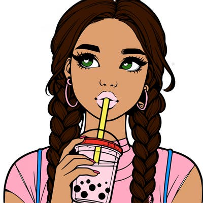 realistic girl with braided hair drinking boba