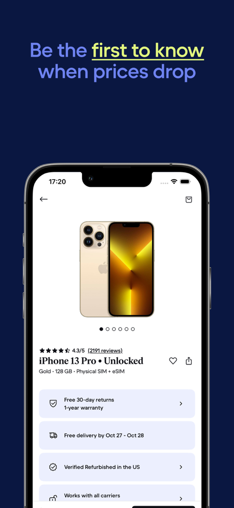 Back Market app showing a refurbished iPhone 13 Pro product page with a price drop notification