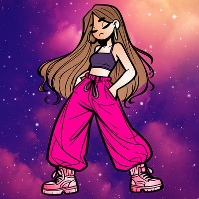 girl in baggy pants crop top and long hair