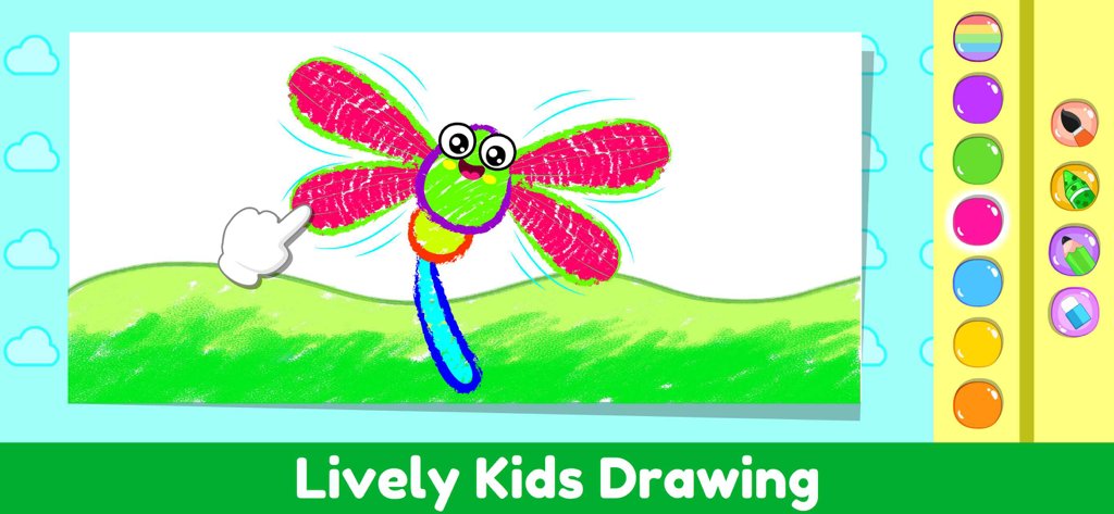 Coloring Games for Kids, Baby. - A colorful dragonfly drawing in a kids coloring app interface with a color palette
