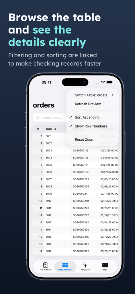 Access Database Viewer: MDB AI - Interface of Access Database Viewer app showing table data and sorting menu