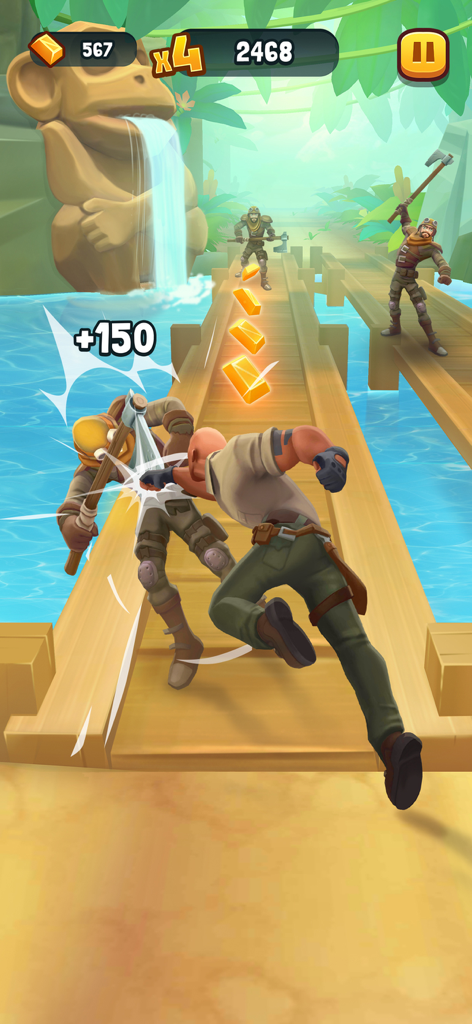 Jugabilidad de acción del Dr Bravestone luchando contra enemigos en un puente selvático en Jumanji Epic Run