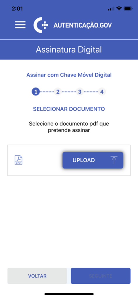 Interface of the Autenticação Gov app showing the first step to upload a PDF for digital signature