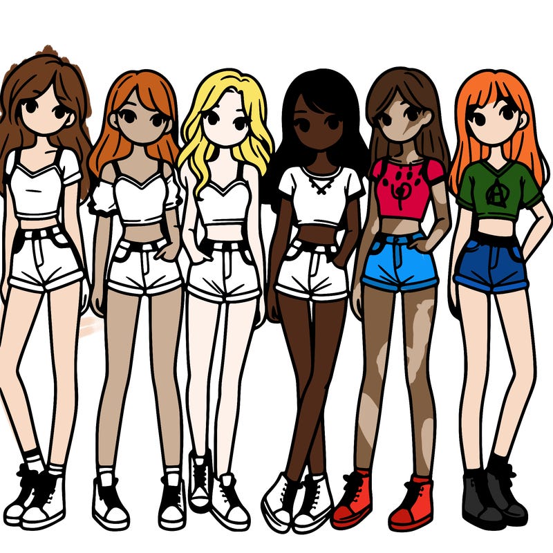 a group of girls wearing crop tops and shorts