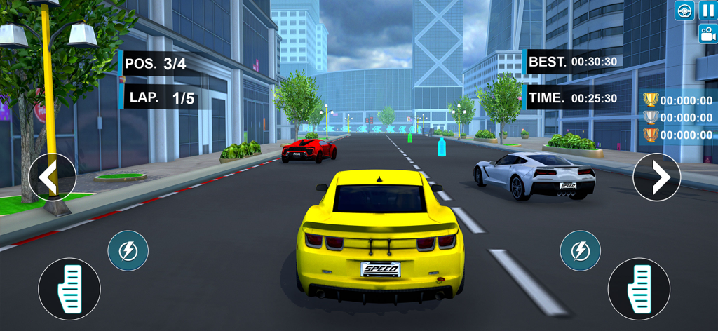 Race Master 3D - Car Game - Visão em terceira pessoa de um carro esportivo amarelo correndo em uma pista urbana no Race Master 3D.