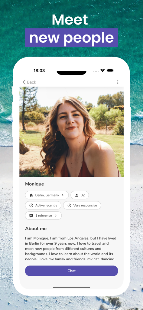 A screenshot of a female traveler profile on the Travel Ladies app showing a woman named Monique with a chat button