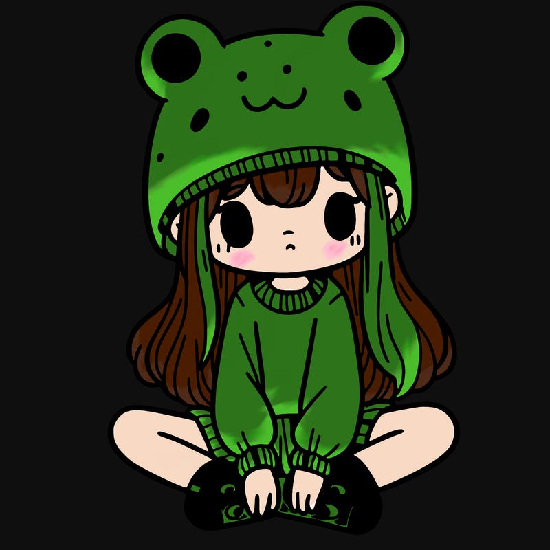 a girl wearing a frog hat and some frog socks