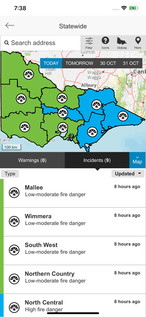 VicEmergency app showing a statewide map of Victoria with fire danger ratings for regions like Mallee and Wimmera
