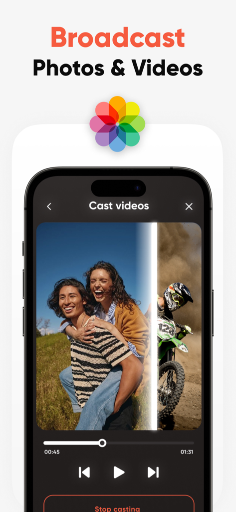 Mi TV Remote・Shield Controller - Mi TVまたはShield BoxにiPhoneから写真やビデオをブロードキャストする機能を示すスマートフォンの画面。