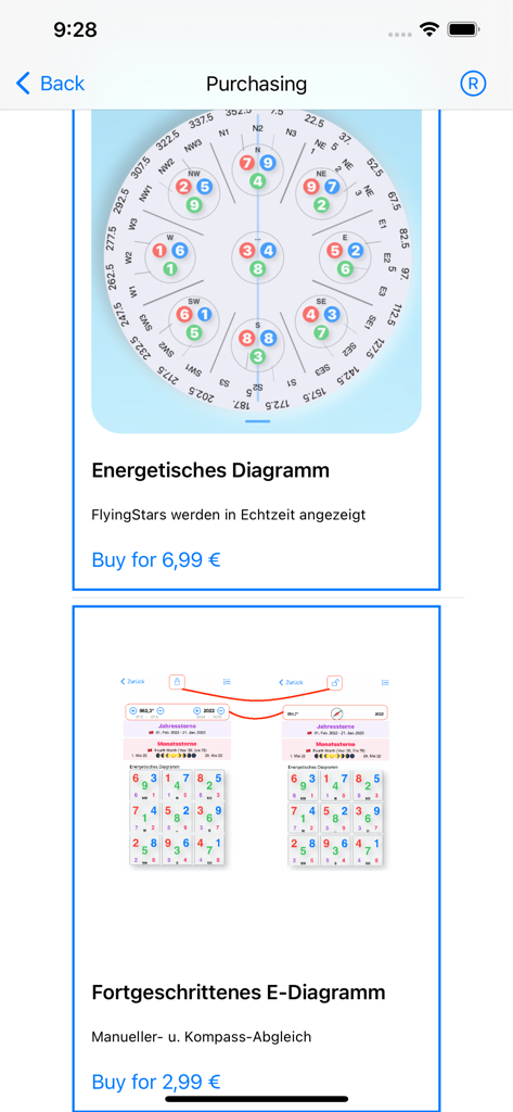 Pantalla de la aplicación FengShui Analytic que muestra opciones de compra para diagramas energéticos profesionales y de estrellas volantes avanzadas