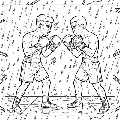 Capture the raw emotion of a pre-fight staredown as two boxers face off in a dramatic rainy setting. This unique coloring page offers an engaging challenge for fans of boxing and atmospheric art.