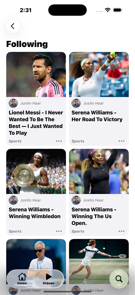 Eden: Watch Video, Meet People - The following feed in the Eden app displaying a grid of sports videos from creators like Lionel Messi and Serena Williams.