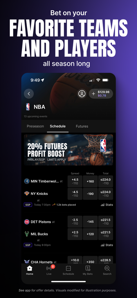Fanatics Sportsbook mobile app interface displaying NBA game odds and a 20 percent futures profit boost promotion