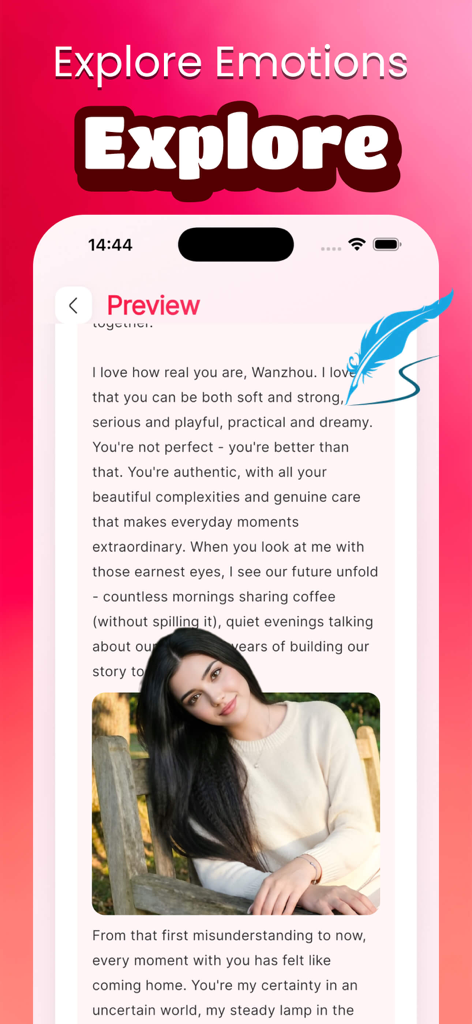 Mulm - Una vista previa de la aplicación Mulm que muestra una carta sincera generada por IA con una foto