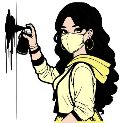 realistic girl with mask spray painting a wall