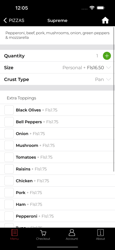 Interfaz de la aplicación Pizza Hut Curacao para personalizar una pizza Supreme que muestra opciones de tamaño de cantidad tipo de masa y ingredientes adicionales con precios en moneda local