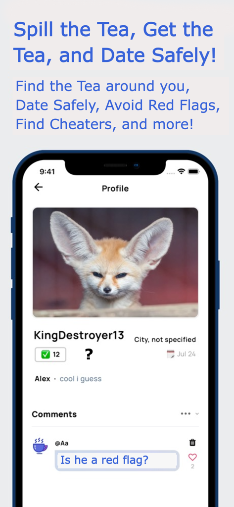A screenshot of the TEA B app displaying a user profile with a community comment asking about dating red flags.