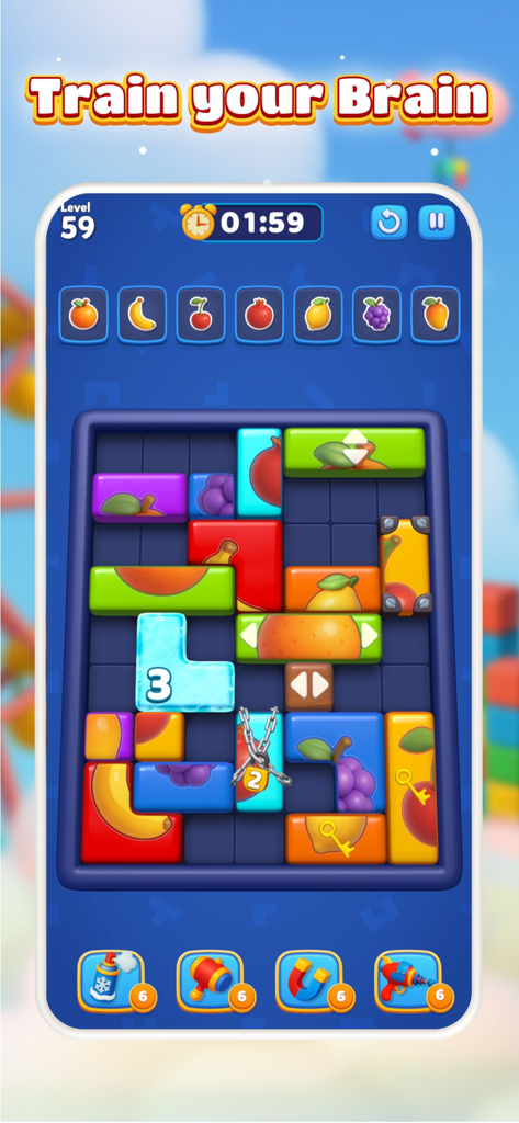Mobile game screen of Picture Block Jam showing a colorful fruit themed sliding block puzzle grid