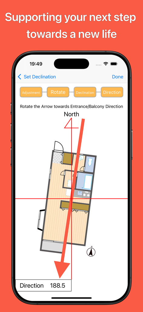 A mobile screen showing a floor plan with a red arrow for setting the entrance direction in the Feng Shui app