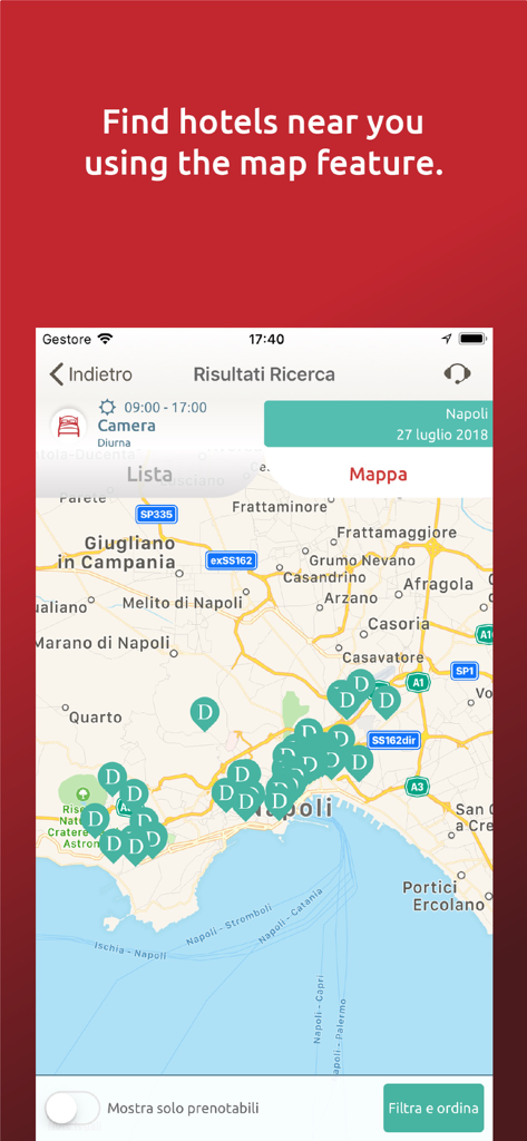 DayBreakHotels - Interfaccia della mappa dell'app mobile DayBreakHotels che mostra le posizioni degli hotel per l'uso diurno.