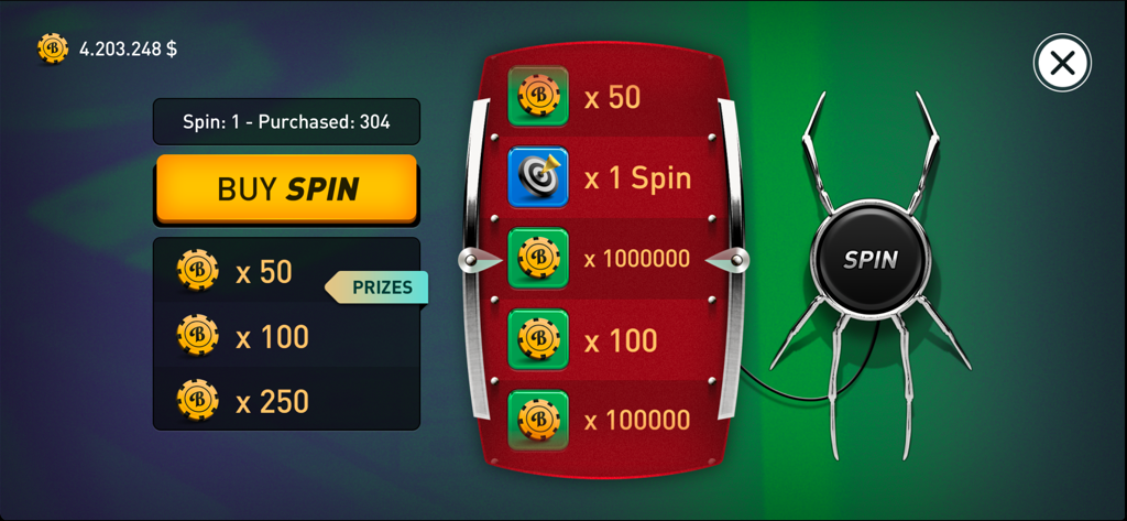 Bluff Game - A prize spin interface in Bluff Game showing chip rewards and a buy spin button