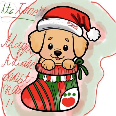 cute puppy wearing santa hat in socking