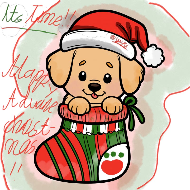 cute puppy wearing santa hat in socking