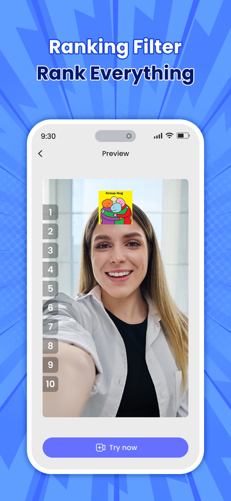Prediction Filter Challenge - Una giovane donna che utilizza un'app di filtri di ranking sul suo telefono con un elenco numerato da uno a dieci