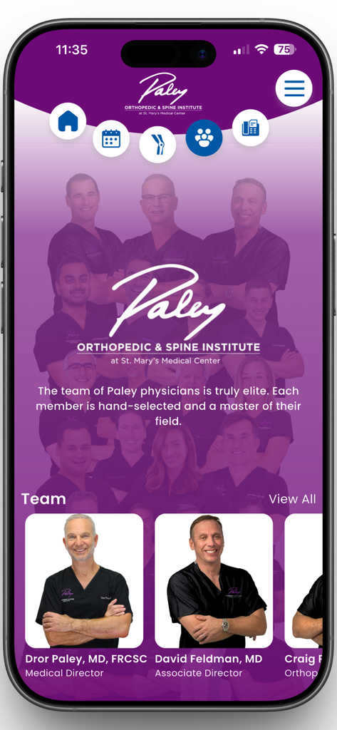 The Paley Orthopedic & Spine - Pantalla de la aplicación móvil que muestra el equipo médico de élite del Paley Orthopedic and Spine Institute, incluido el Dr. Dror Paley.