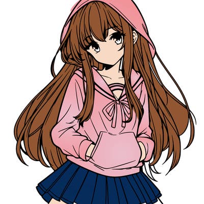 anime woman with long hair and bangs wearing hoodie and skirt