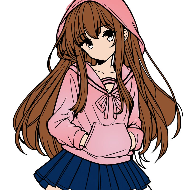 anime woman with long hair and bangs wearing hoodie and skirt