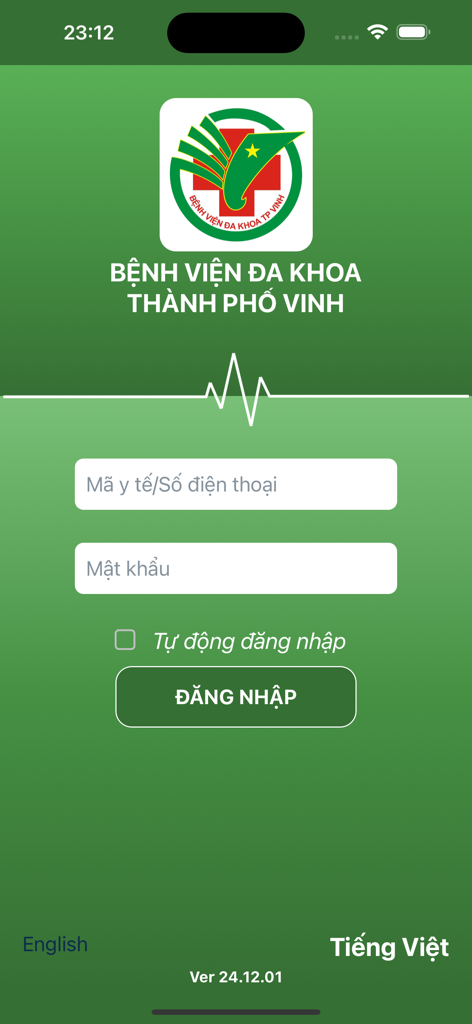 Interface de login do aplicativo móvel do hospital BVTP Vinh em vietnamita