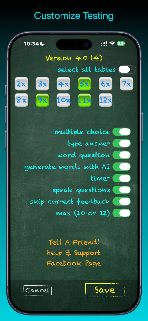 TimesX Times Tables Tester - Customization screen in the TimesX app showing options for multiplication table selection, question types like multiple choice and word problems, and AI word problem generation on a chalkboard background.