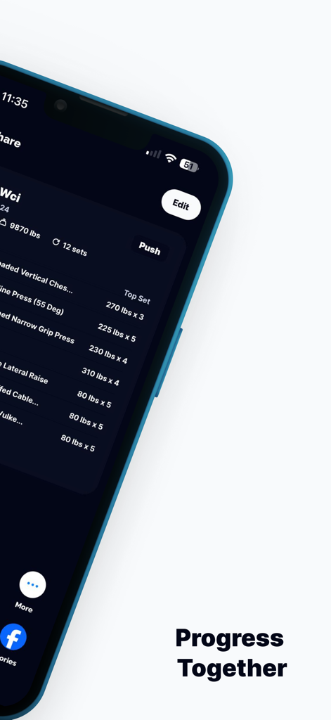 Tracked • Strength Training - Smartphone screen displaying a push day workout summary with exercise weights and repetitions.