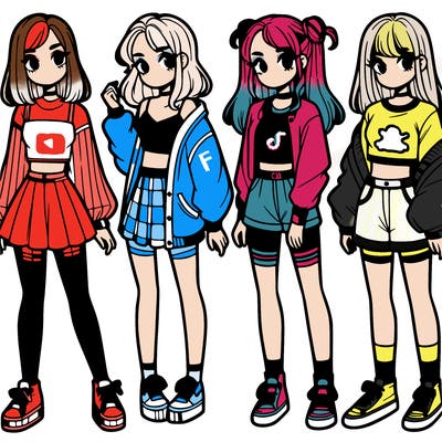 one girl with crop-top shirt and a jacket with a skirt, long socks and another girl with a shirt and pants with a jacket