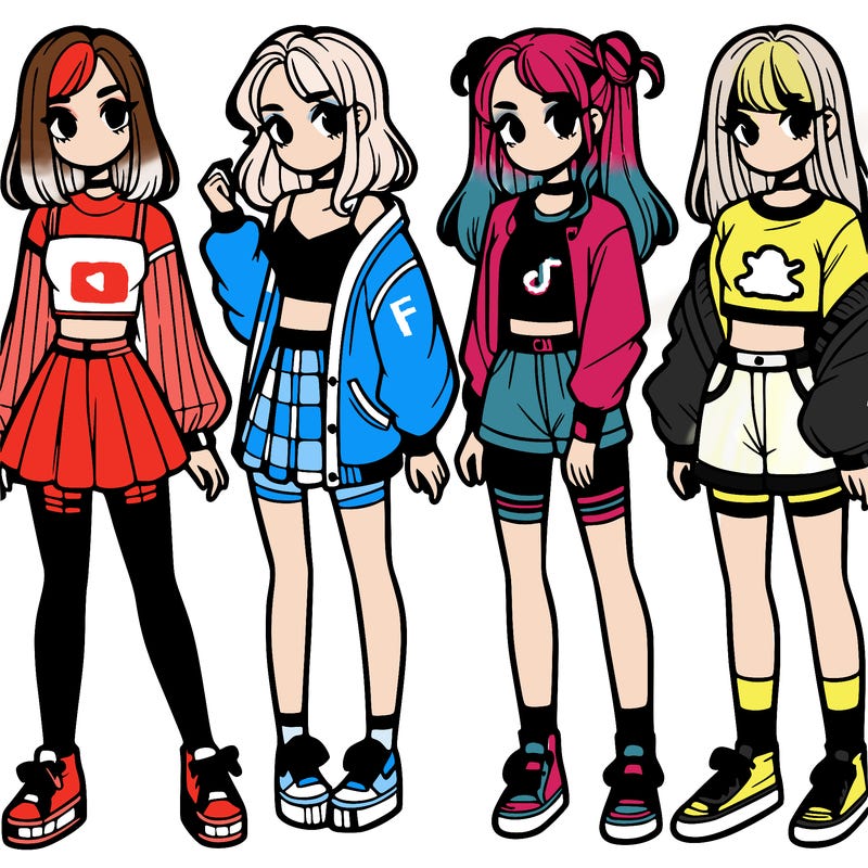 one girl with crop-top shirt and a jacket with a skirt, long socks and another girl with a shirt and pants with a jacket